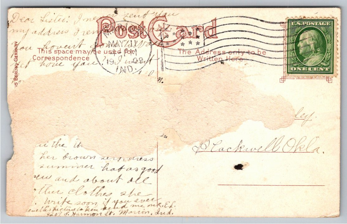 1908 Normal College Marion Indiana Vintage Postcard: Streetcar - Back / Reverse View