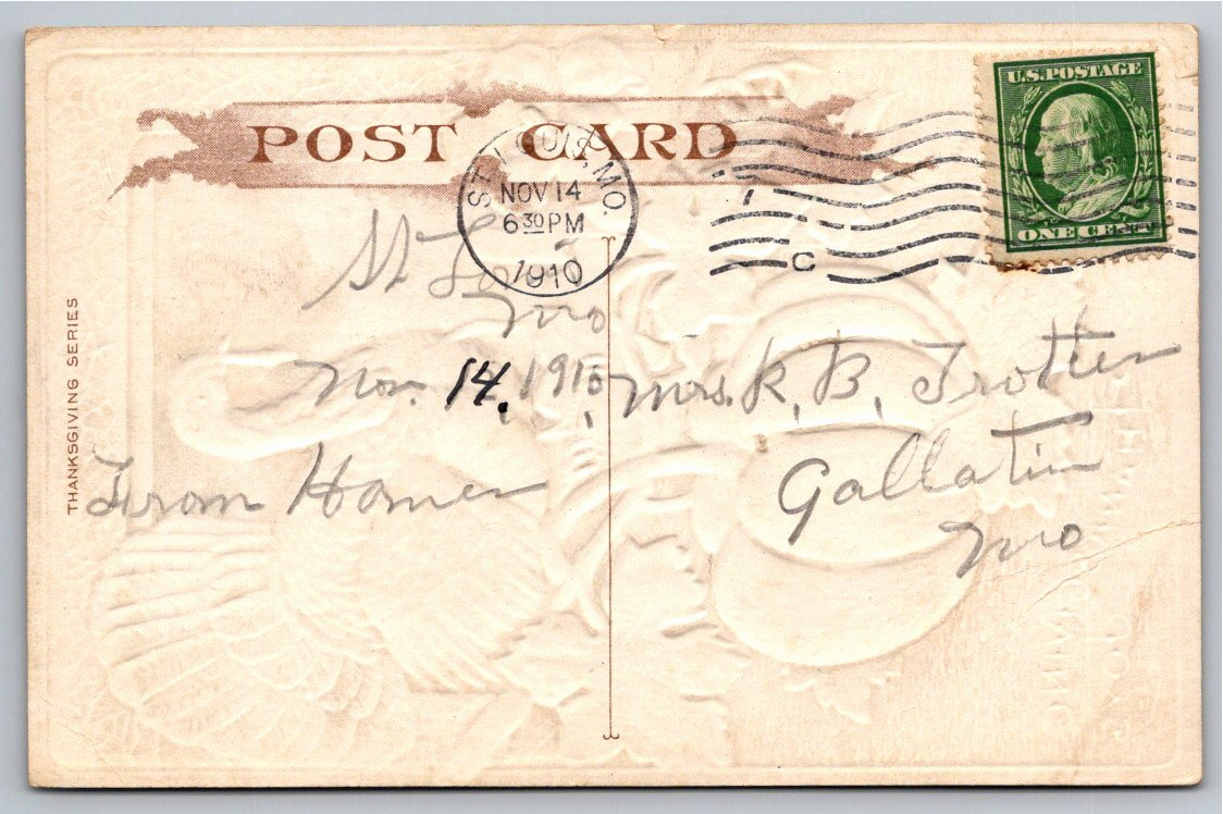 Antique 1910 Thanksgiving Turkey & Pumpkin Embossed Postcard - Back / Reverse View