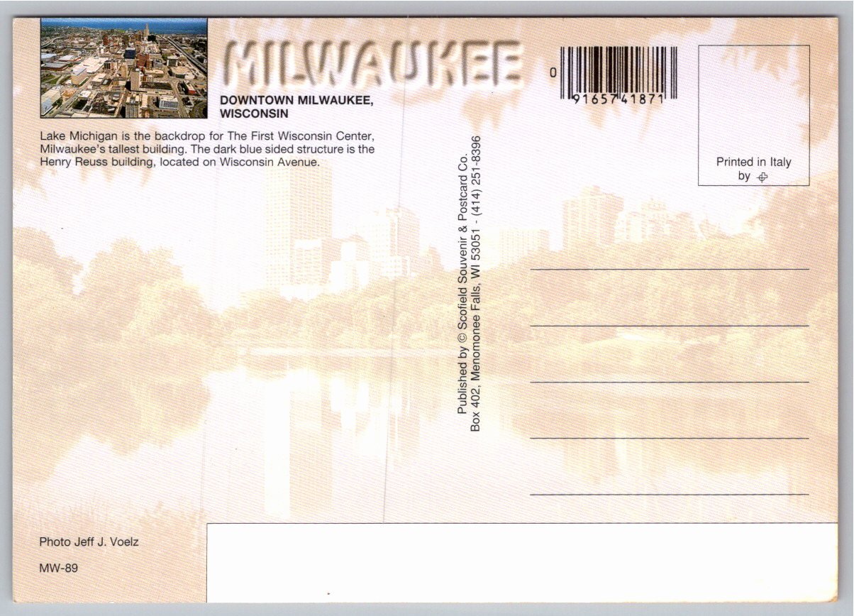 Vintage Milwaukee Skyline Postcard: First Wisconsin Center - Back / Reverse View