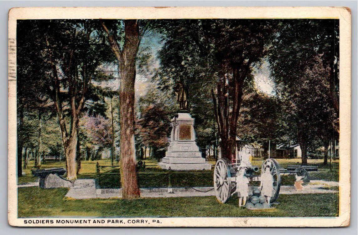1926 Vintage Postcard Soldiers Monument Park Corry Pennsylvania