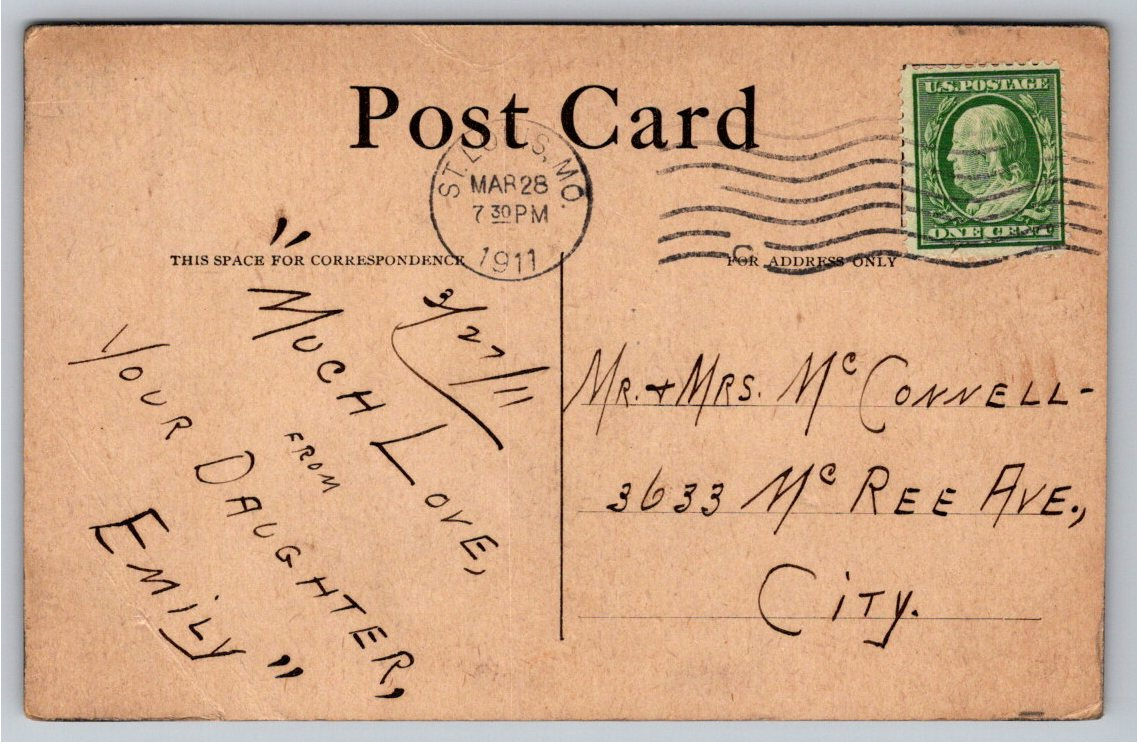 1911 St. Louis Park Scene Vintage Postcard | Rowboat & Ducks - Back / Reverse View