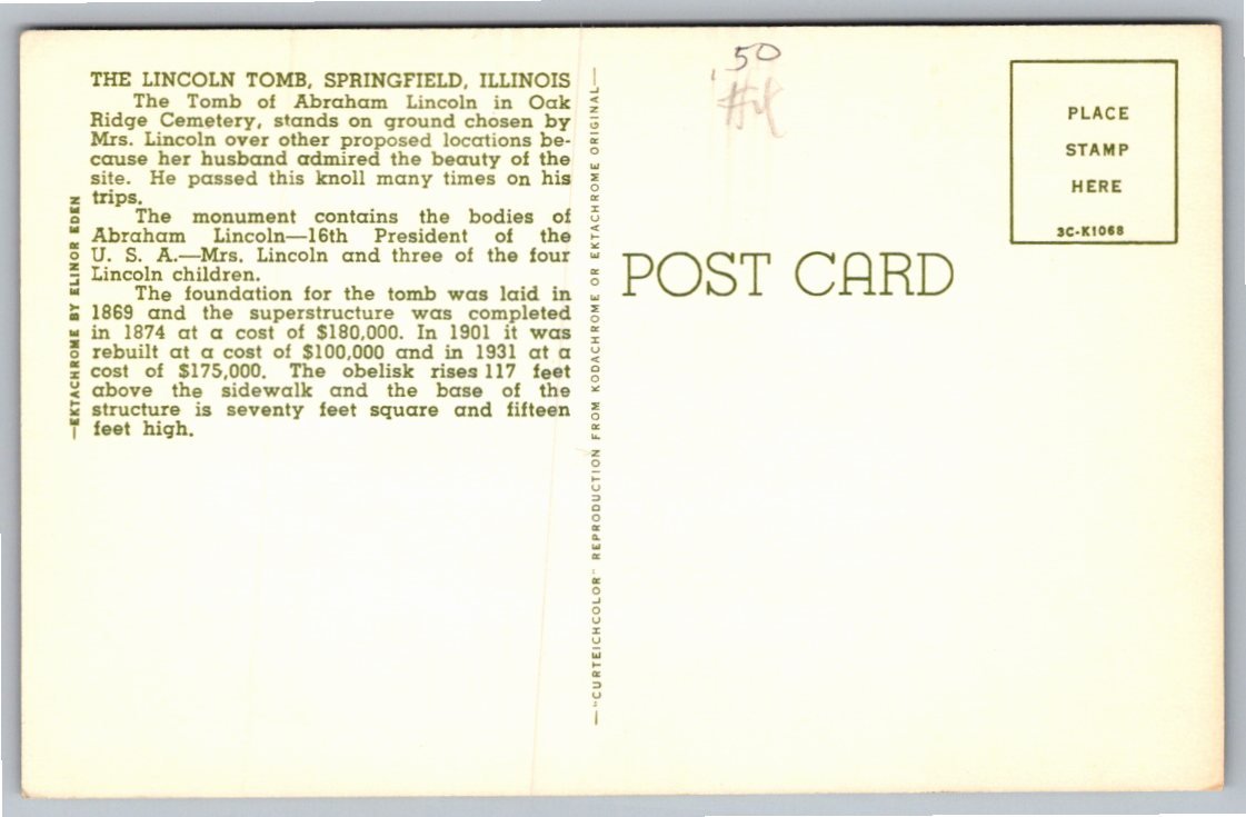 The Lincoln Tomb Springfield Illinois Historic Vintage Postcard - Back / Reverse View