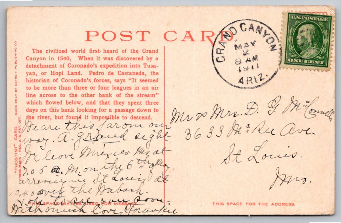 1911 Hotel El Tovar Grand Canyon Detroit Publishing Phostint Card - Back / Reverse View
