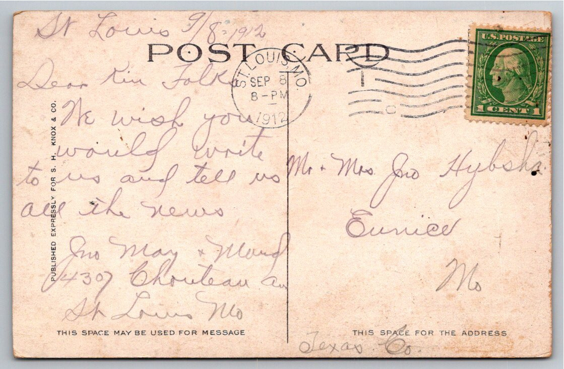 1912 Planters Hotel St. Louis Missouri Vintage Color Postcard - Back / Reverse View