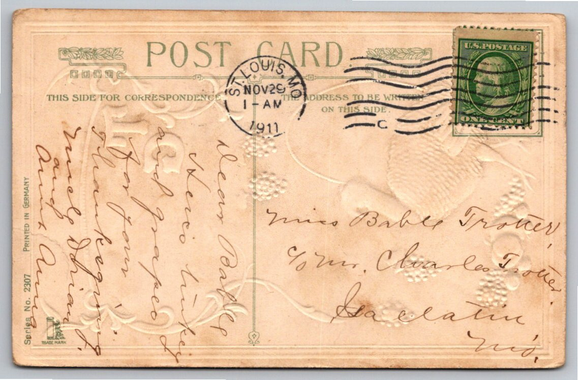Antique 1911 Thanksgiving Greetings Postcard Gold Gilt Turkey - Angle / View 4