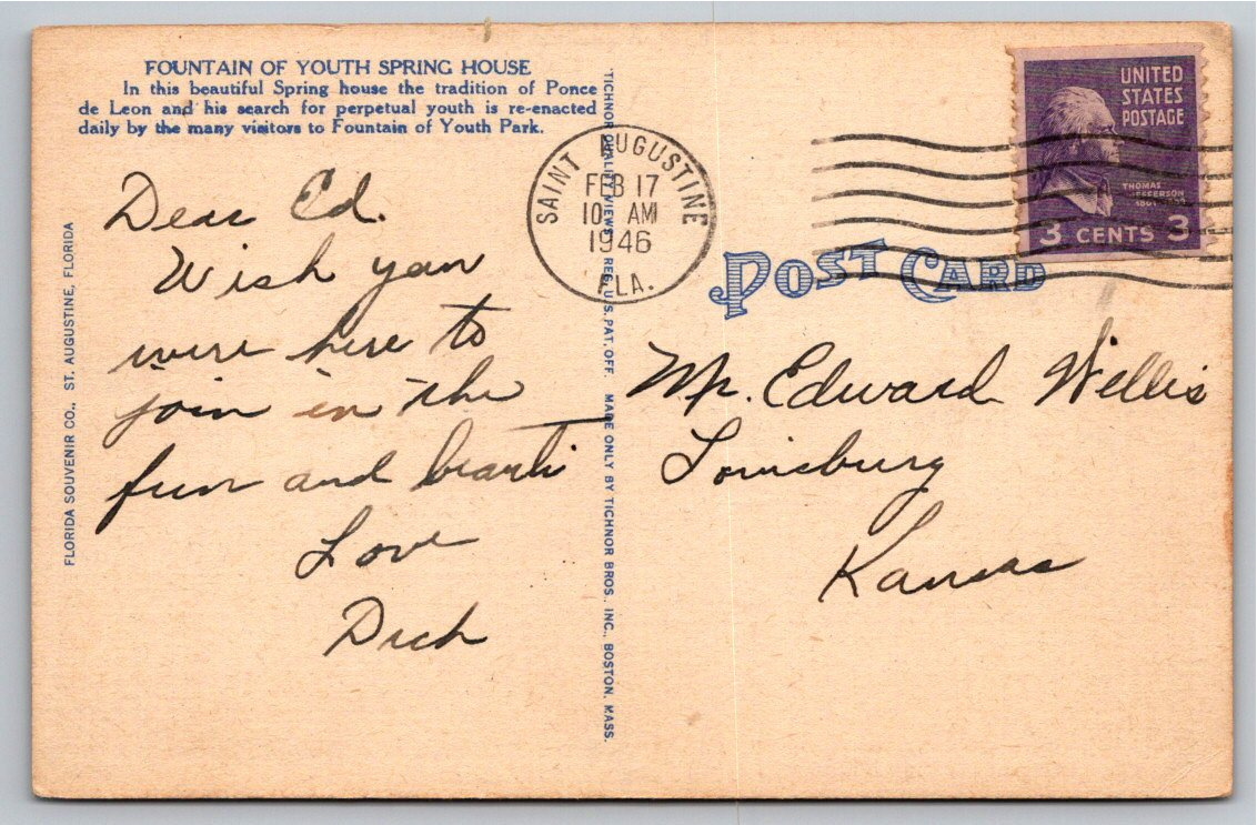 1946 Fountain of Youth Spring House St. Augustine Linen Postcard - Back / Reverse View