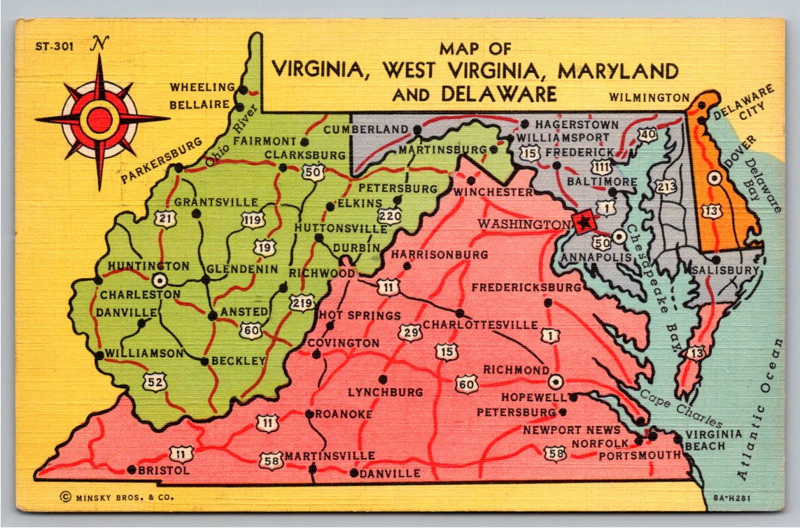 1944 Mid-Atlantic Map Vintage Linen Postcard: VA, WV, MD & DE
