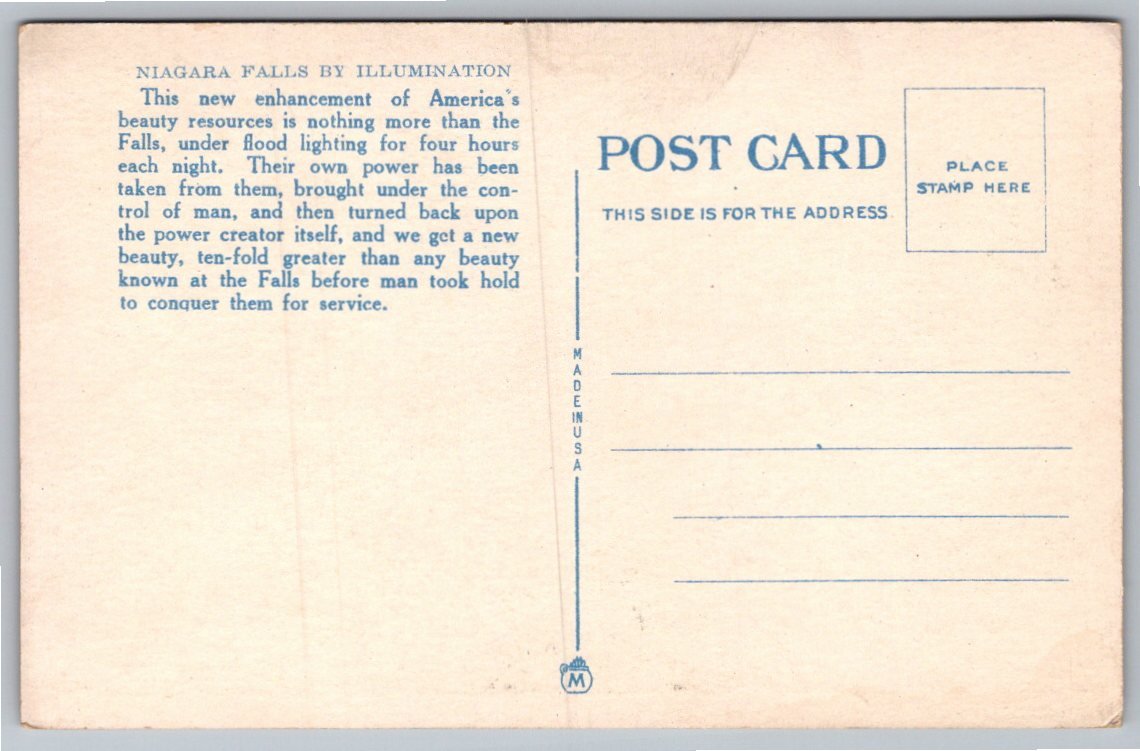 Vintage Niagara Falls Postcard: Canadian Horseshoe Falls - Back / Reverse View