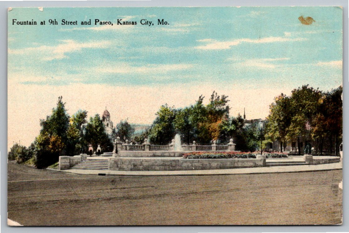Vintage 1908 Kansas City Postcard: 9th Street & Paseo Fountain