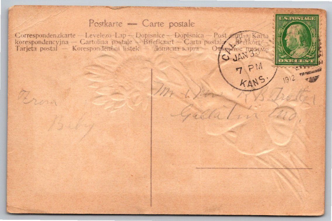 1912 Embossed Floral Vintage Postcard Cornflowers & Pink Flax - Back / Reverse View