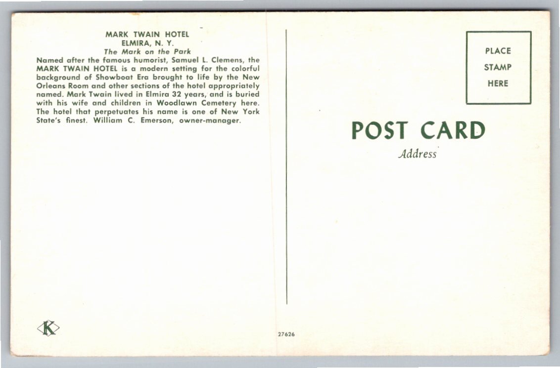 Vintage Mark Twain Hotel Postcard | Elmira, NY Historic View - Back / Reverse View