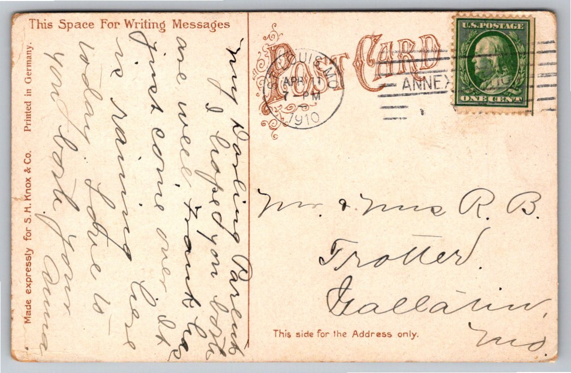 Vintage 1910 St. Louis Postcard: The Grotto at Benton Park, MO - Back / Reverse View
