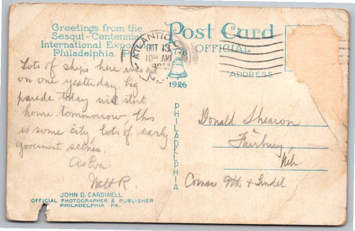 1926 Sesqui-Centennial Philadelphia League Island Navy Yard - Back / Reverse View