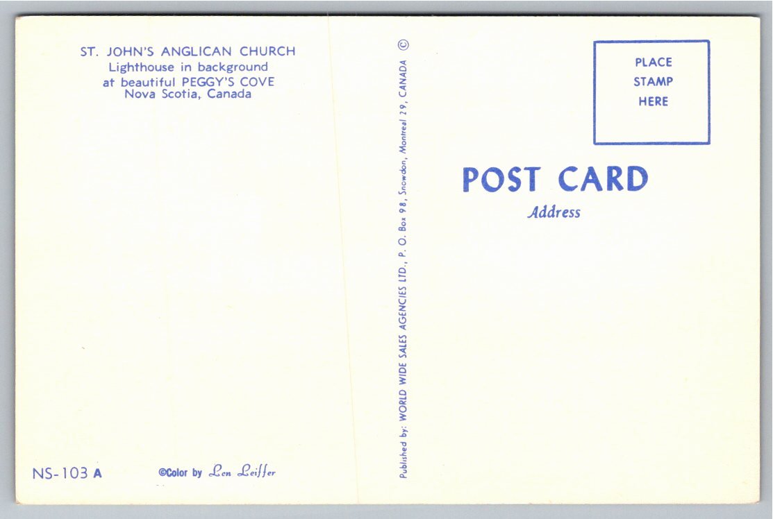 Vintage Peggys Cove Postcard: St. Johns Anglican Church Nova - Back / Reverse View