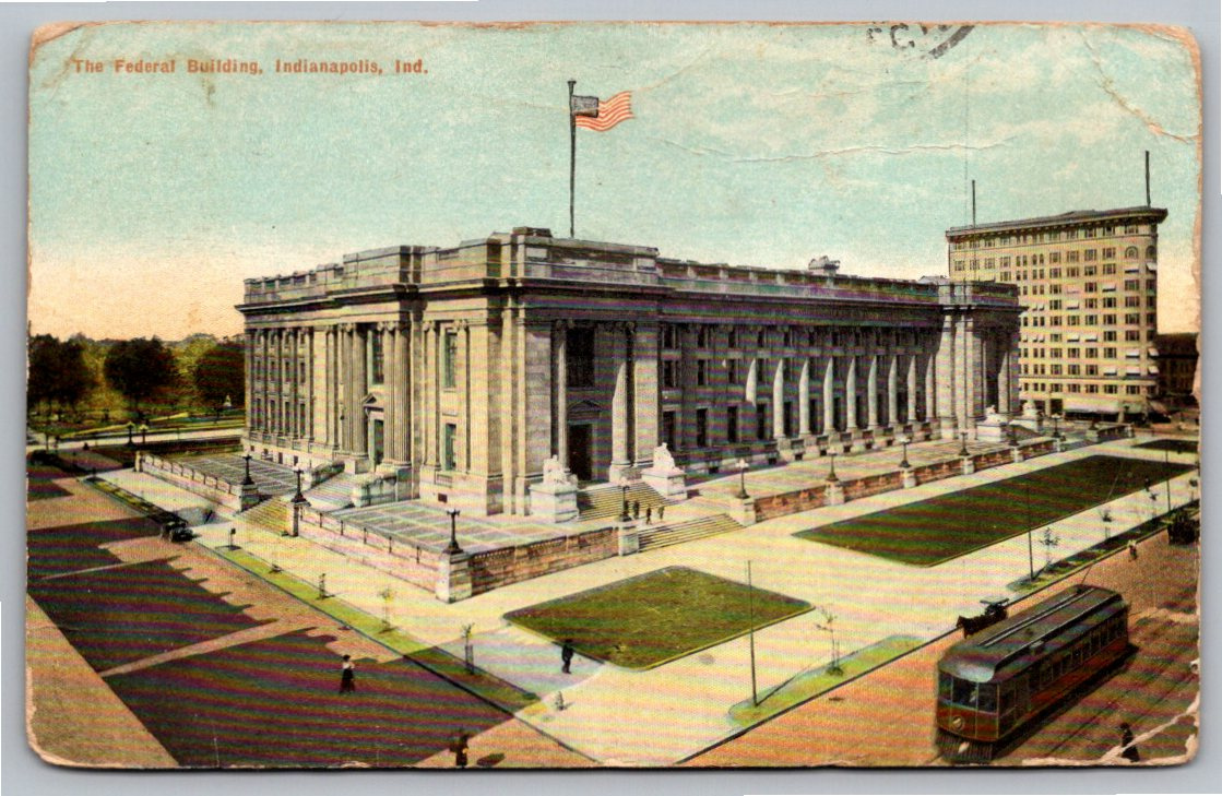 1910 Indianapolis Federal Building & Streetcar Vintage Postcard