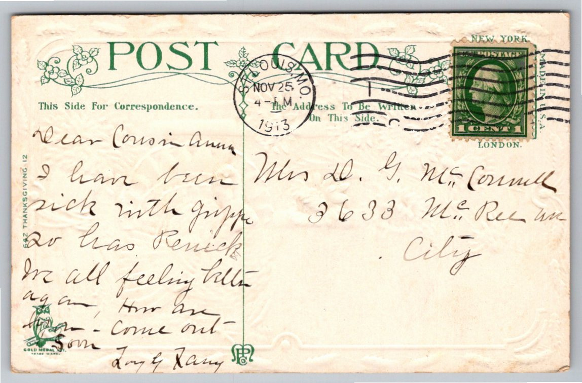 1913 Antique Embossed Thanksgiving Postcard with Turkey & Flowers - Back / Reverse View