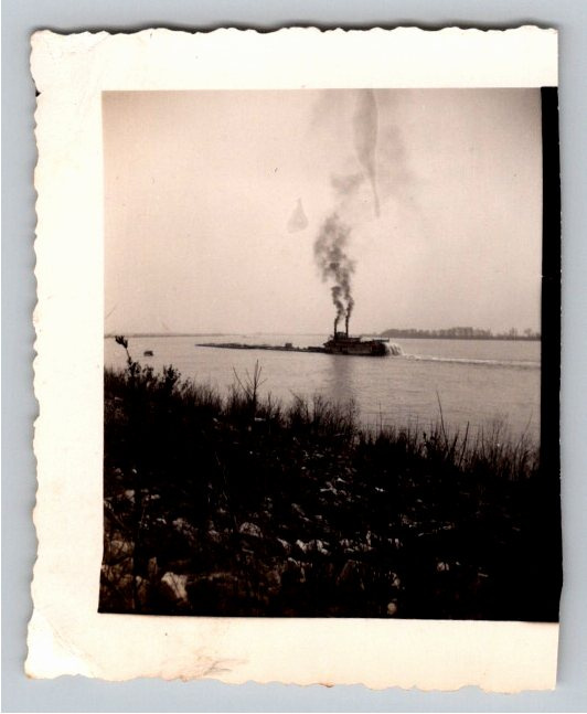 Vintage 1950s Steam Towboat Pushing Barge Black & White Snapshot