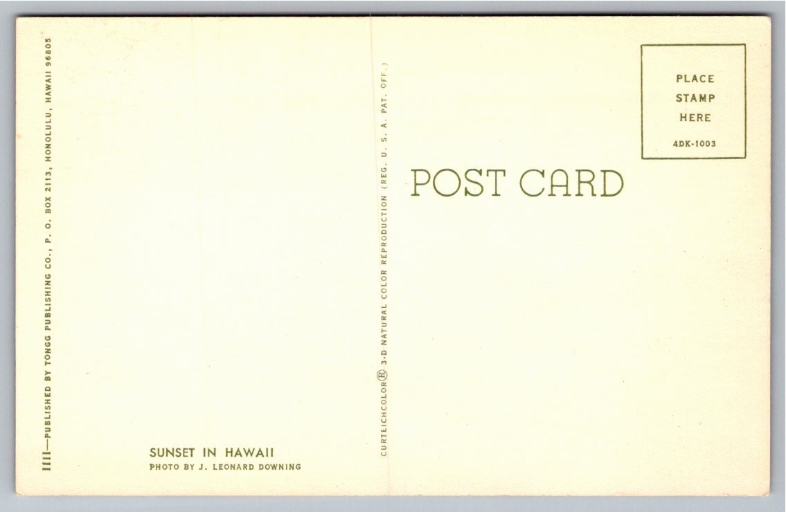 Vintage 1960s Hawaii Sunset Photo Postcard J. Leonard Downing - Back / Reverse View