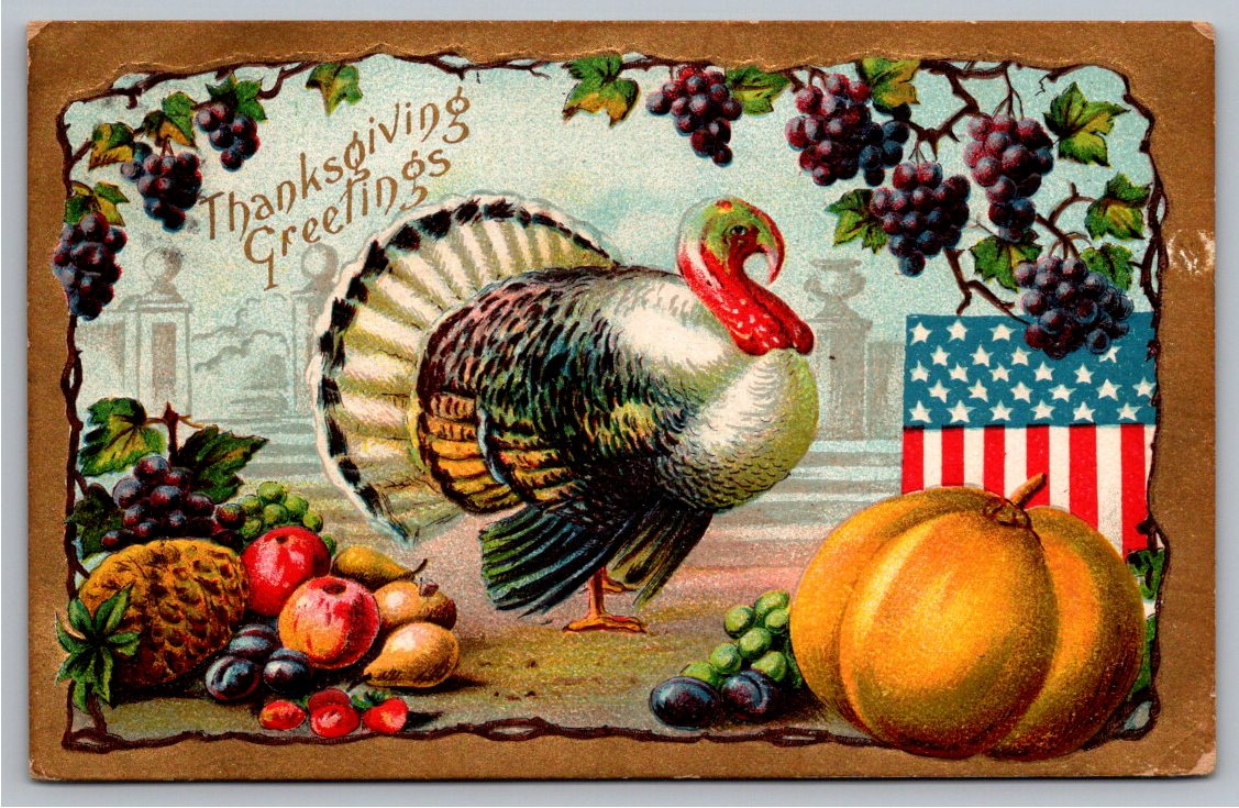 Antique 1910 Embossed Thanksgiving Postcard with US Flag & Turkey