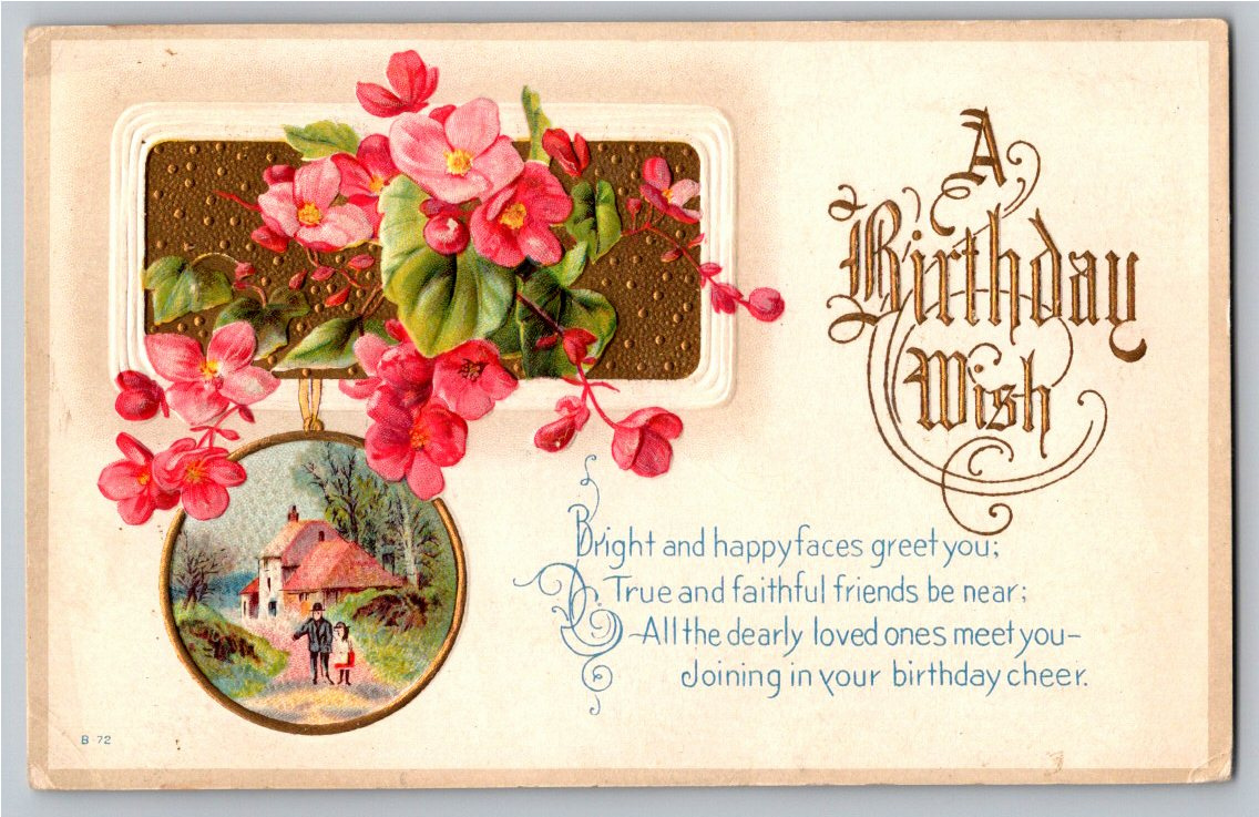 Antique 1917 Embossed Pink Floral & Cottage Birthday Wish