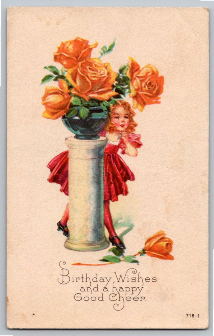 Vintage 1923 Birthday Postcard: Girl in Red Dress & Orange Roses