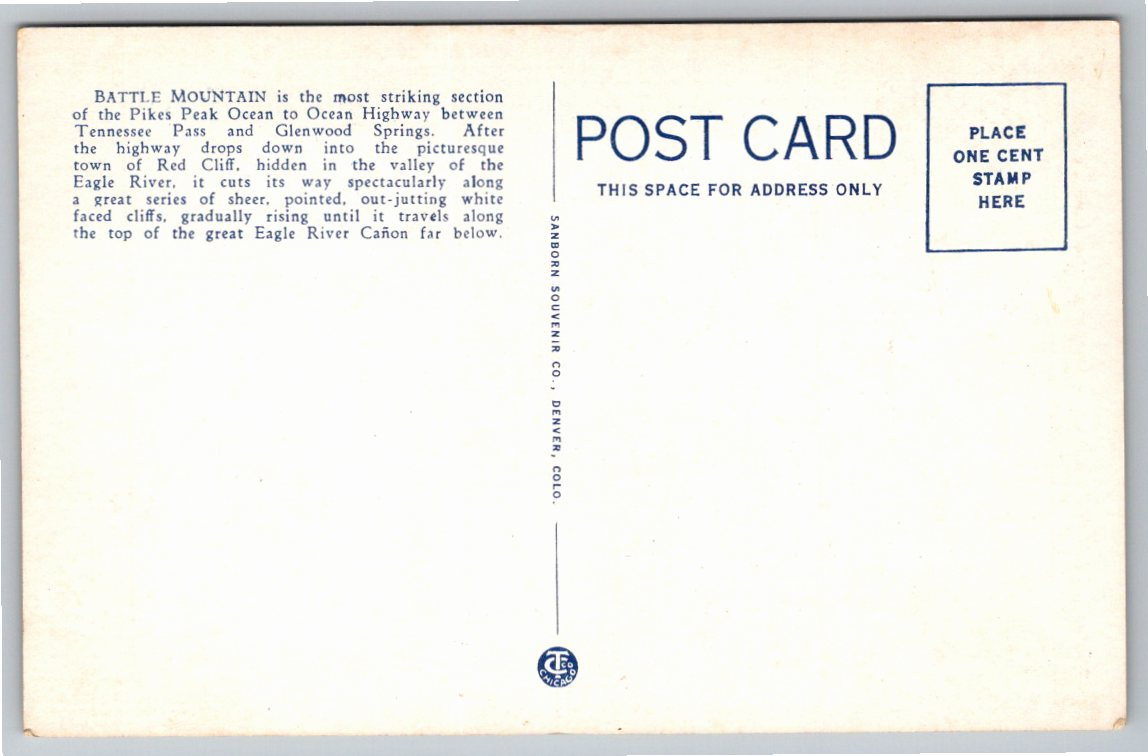 Vintage 1930s Battle Mountain Road Red Cliff Colorado Postcard - Back / Reverse View