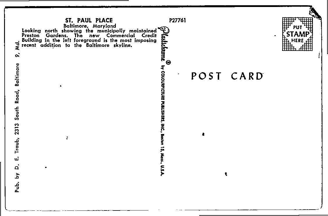 Vintage Baltimore Postcard: St. Paul Place & Commercial Credit - Back / Reverse View