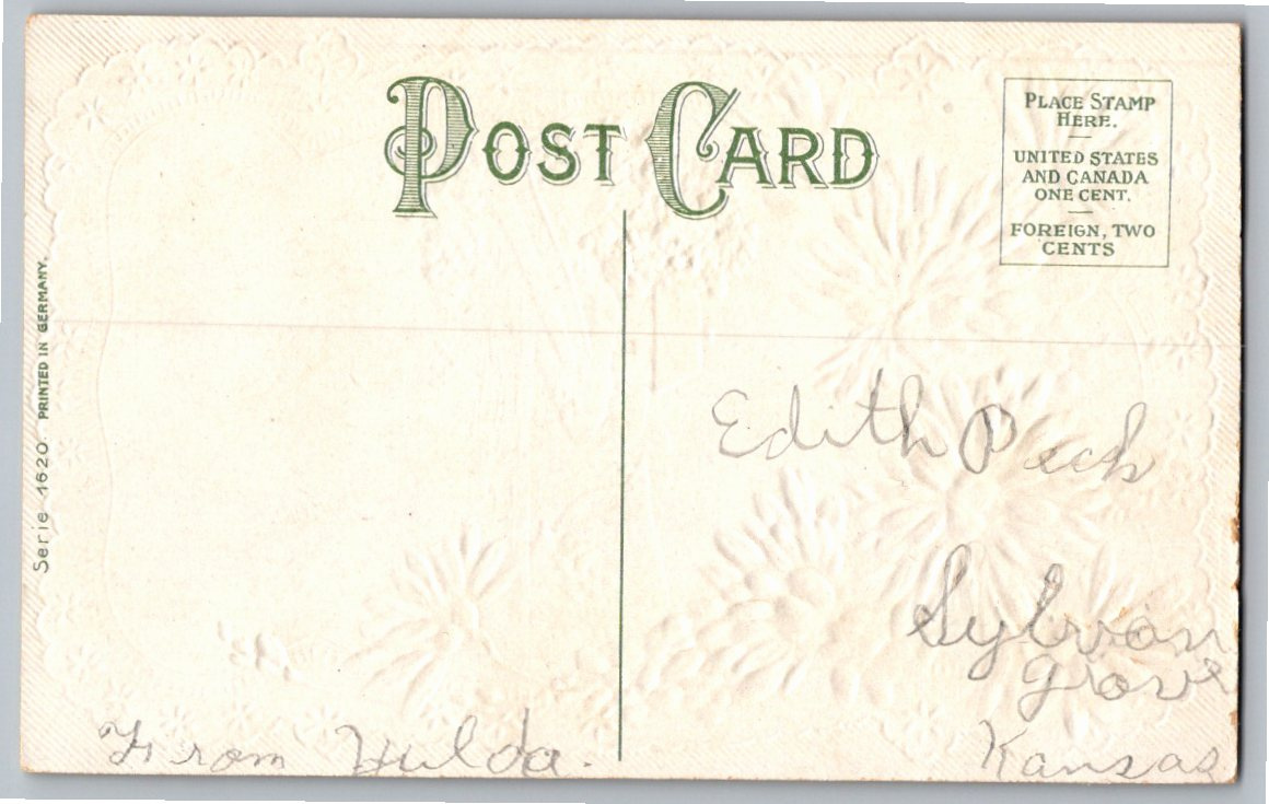 Antique 1900s German Embossed Best Wishes Cottage Floral Postcard - Back / Reverse View