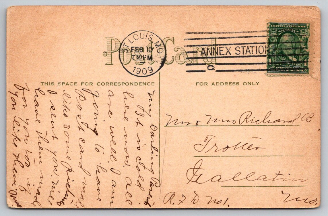 1909 St. Louis Missouri Forest Park Postcard: Horse Carriage - Back / Reverse View