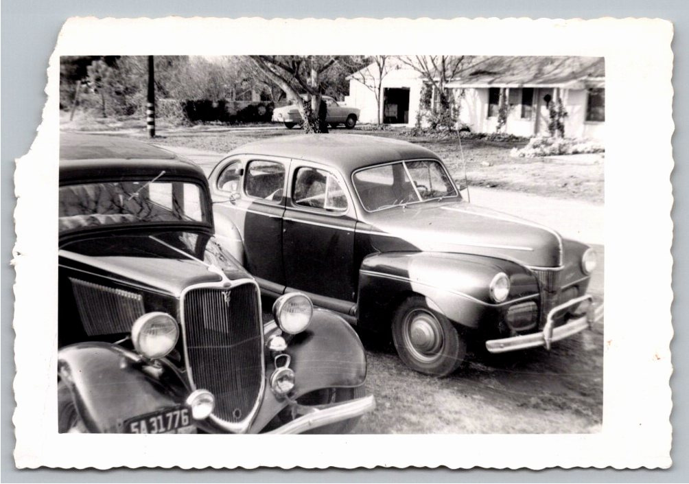 Vintage 1940s B&W Snapshot: 1933 Ford V8 & 1941 Ford Cars
