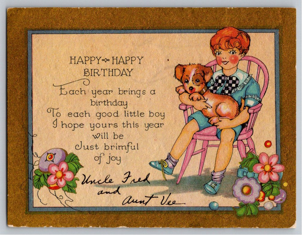 Vintage 1940s Hallmark Birthday Card Boy with Puppy in Pink Chair