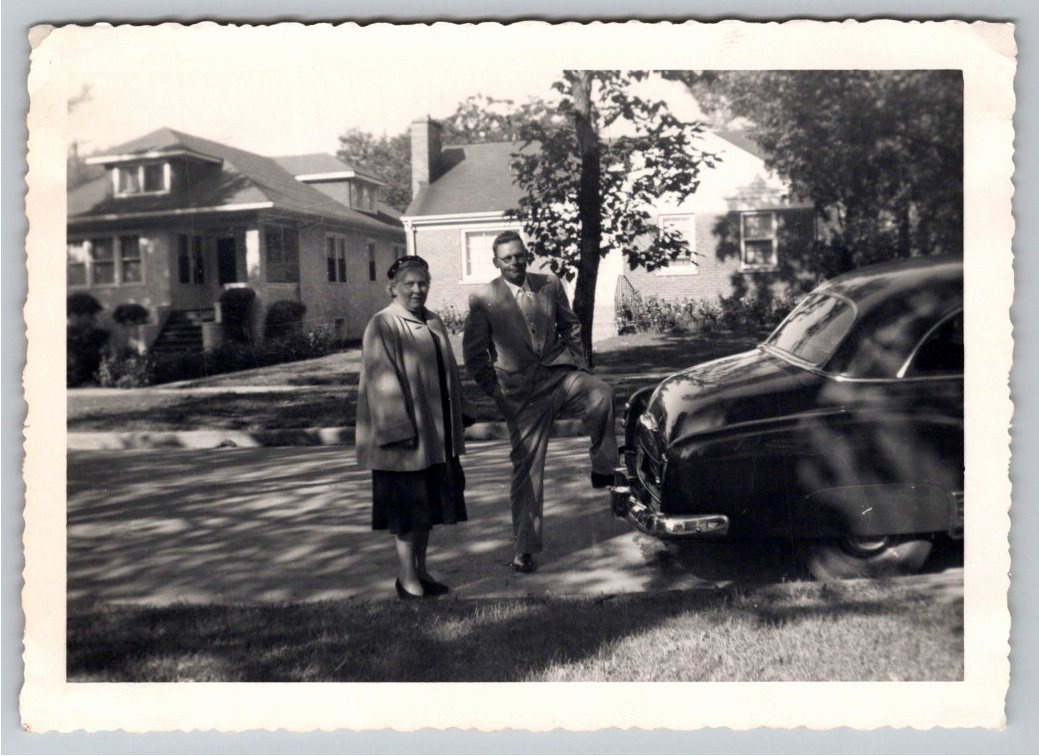 1950s Suburban Life: Classic Sedan & Couple Photo, Brookfield IL