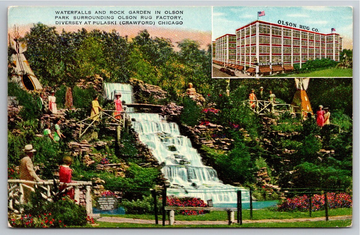 Vintage Chicago Olson Rug Factory Waterfalls & Park Postcard