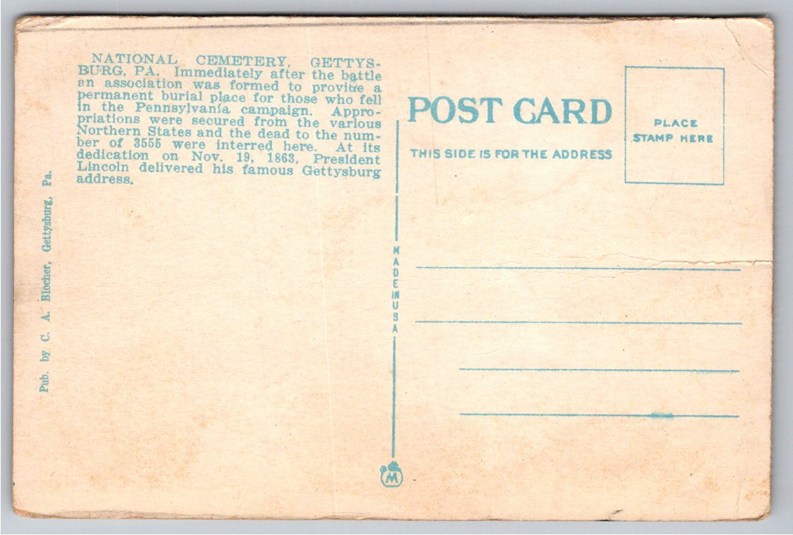 1910s Gettysburg Soldiers National Cemetery Postcard by W.H. - Back / Reverse View