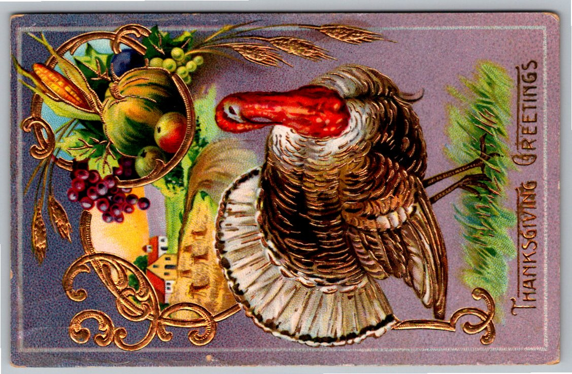Antique 1911 Thanksgiving Greetings Postcard Gold Gilt Turkey
