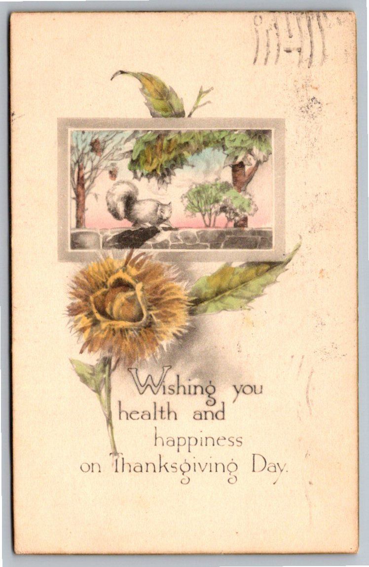 1914 Gibson Art Thanksgiving Postcard: Squirrel & Chestnut Design