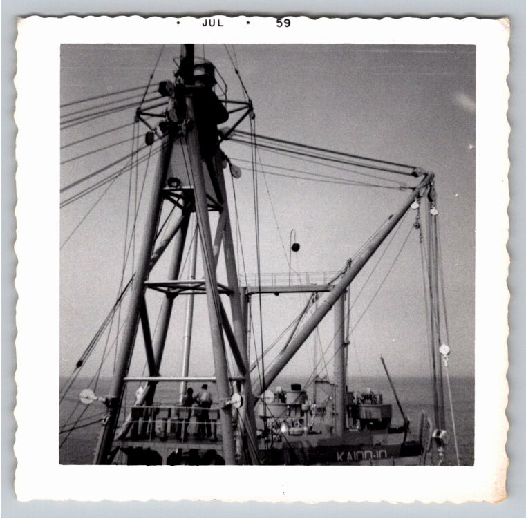 1959 Nautical B&W Snapshot: Fishing Vessel Rigging and Deck