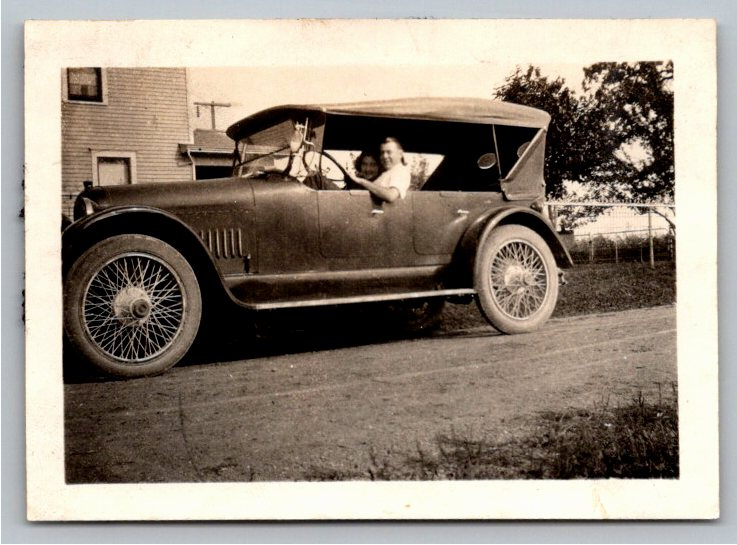1920s Touring Car Snapshot: Vintage Couple with Wire Wheel