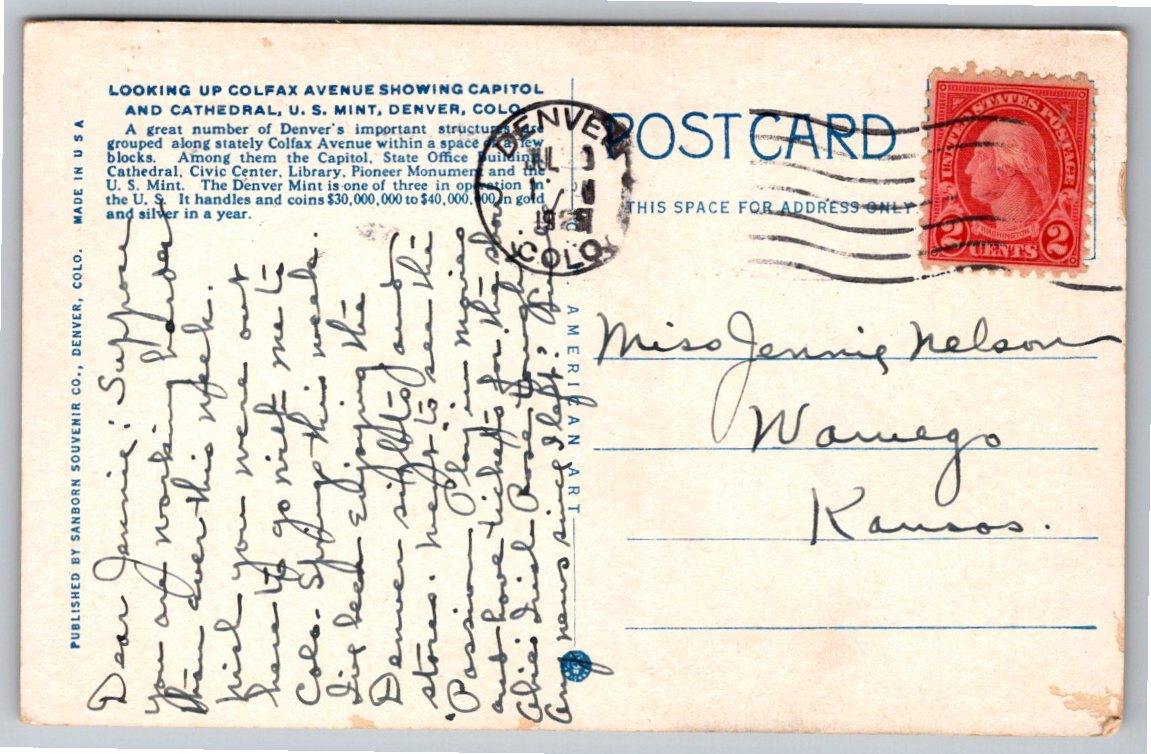 1921 Denver US Mint Colfax Avenue Vintage Postcard | White Border - Back / Reverse View