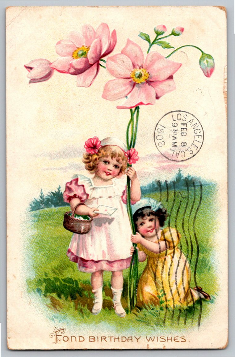 Antique 1908 Tuck Birthday Postcard: Pink Flowers & Long Beach CA