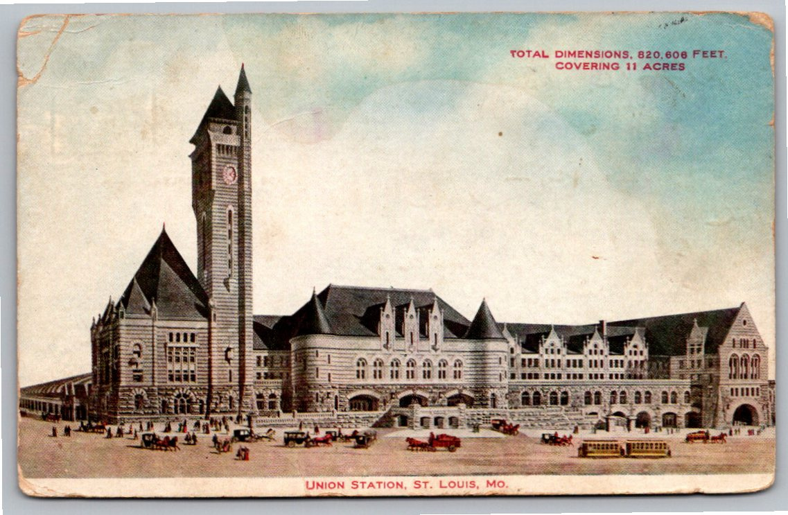 Vintage 1909 St. Louis Union Station Postcard: Horse Carriages