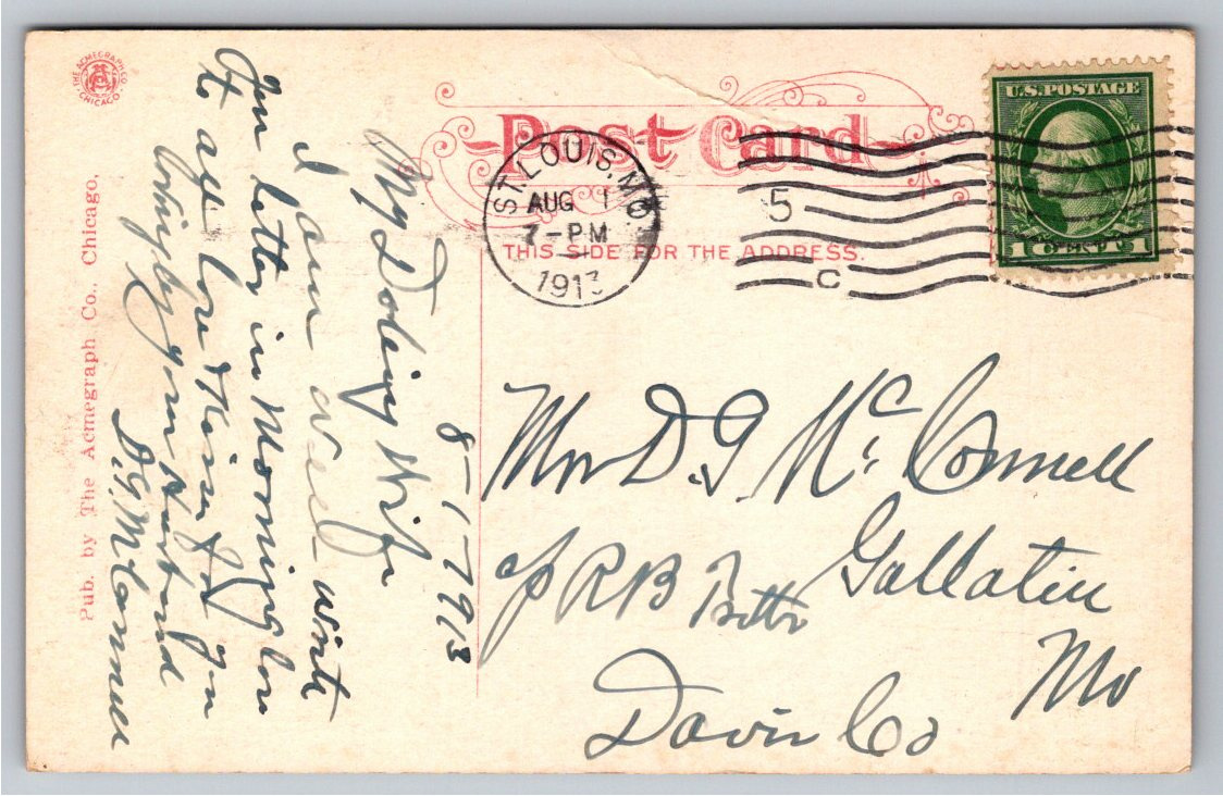 1913 Chain of Rocks Water Works Park Fountain St. Louis Postcard - Back / Reverse View