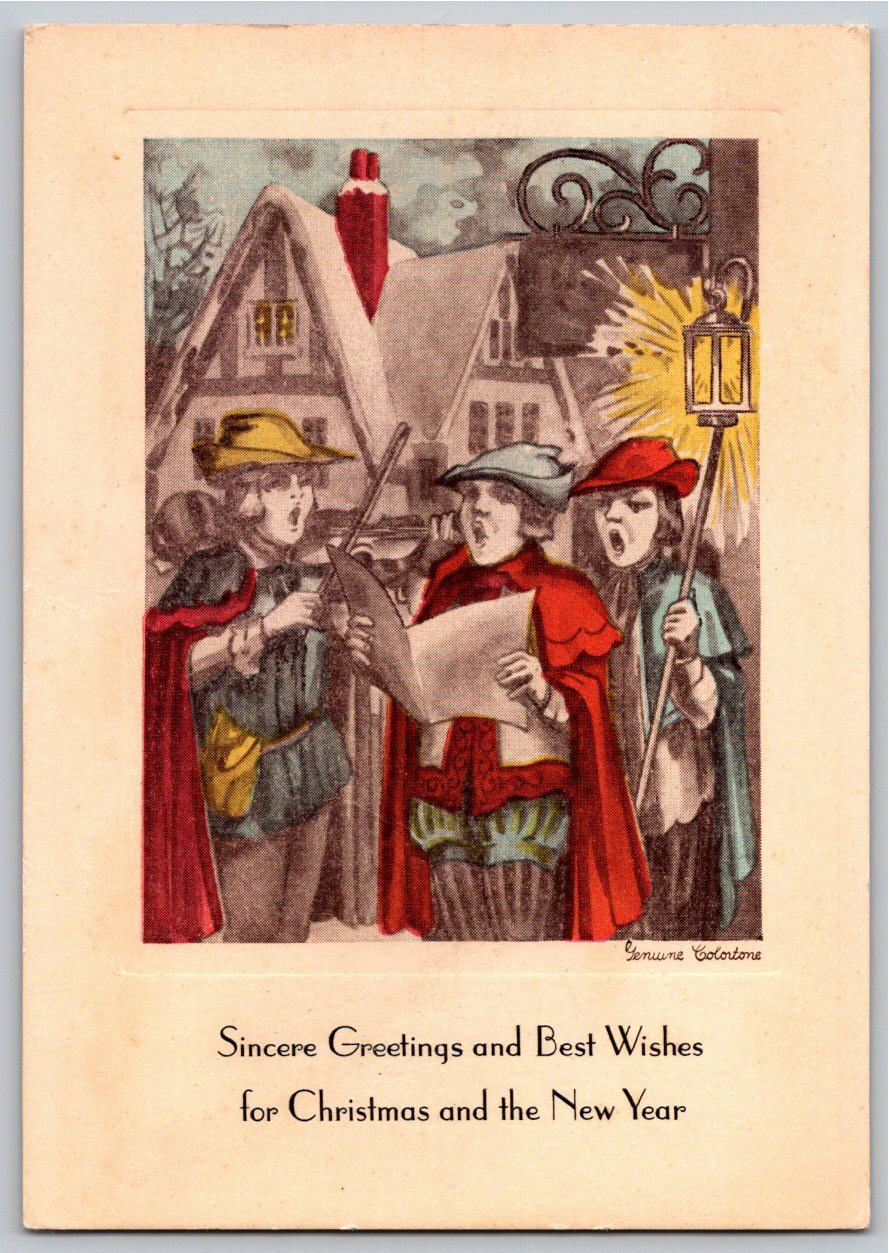 Vintage 1940s Christmas Carolers Linen Colortone Greeting Card