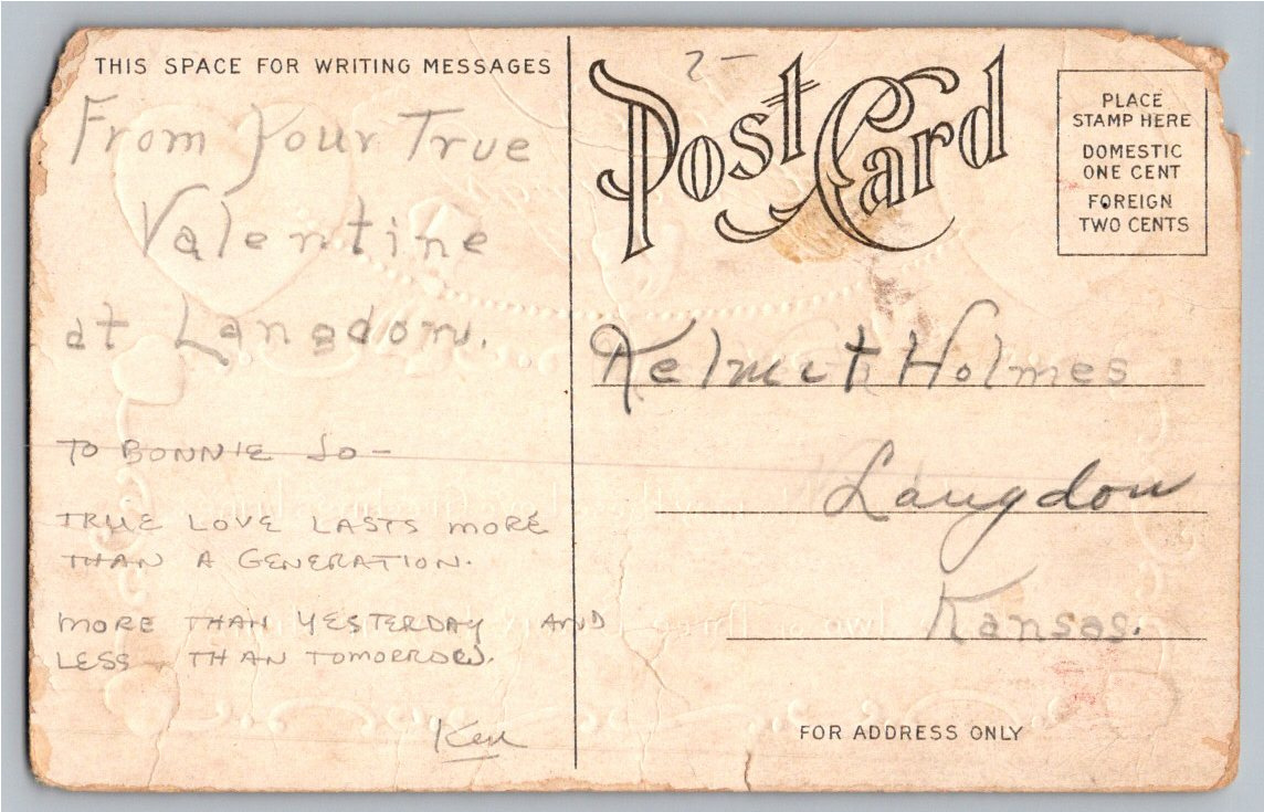 Antique 1910s Embossed Valentine Postcard from Langdon Kansas - Back / Reverse View