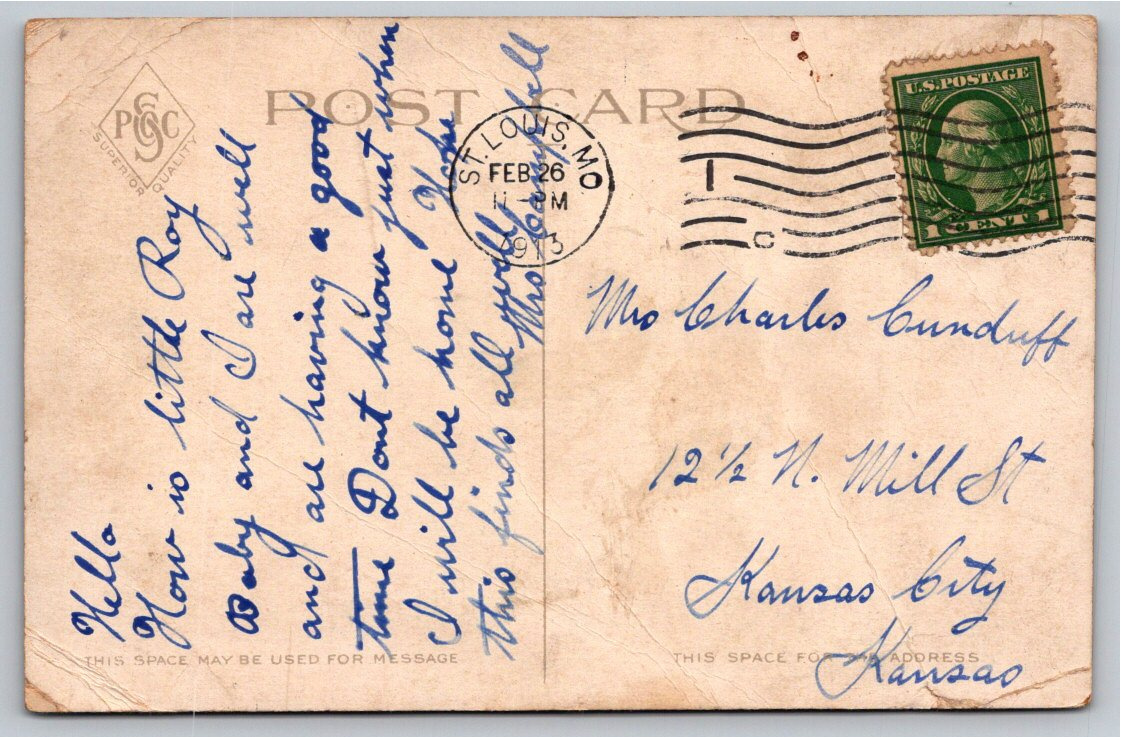 Vintage 1913 OFallon Park St. Louis Missouri Color Postcard - Back / Reverse View