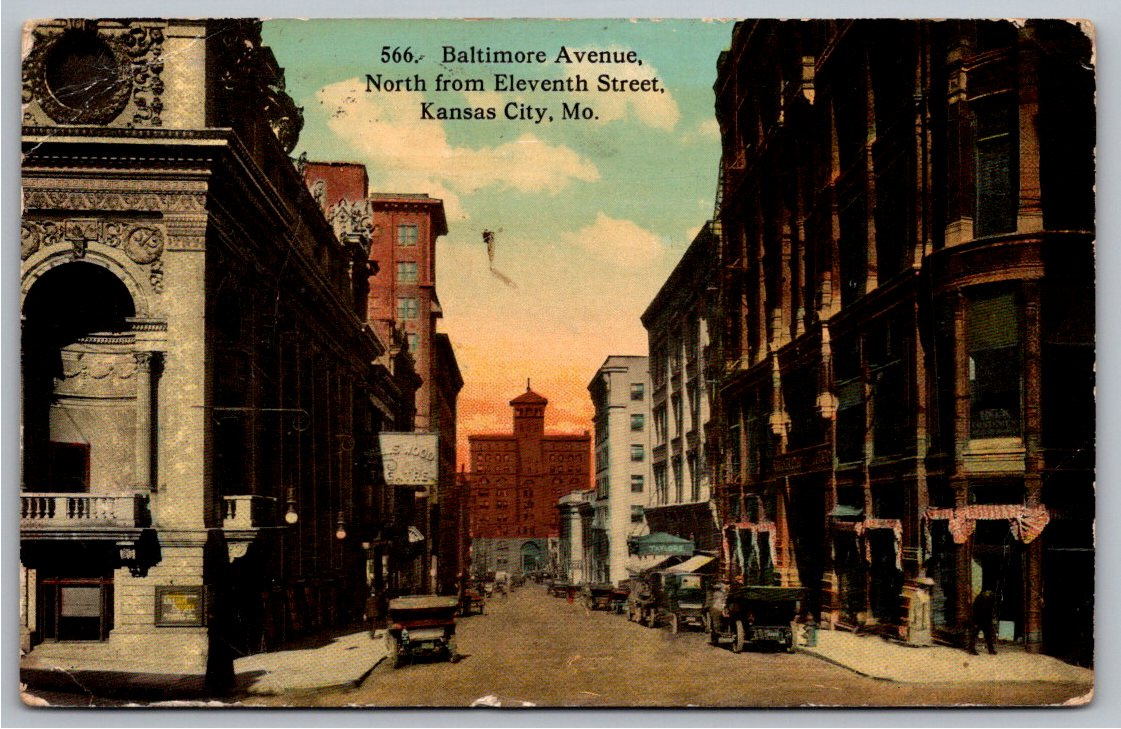 1914 Kansas City Color Postcard: Baltimore Avenue & Early Cars