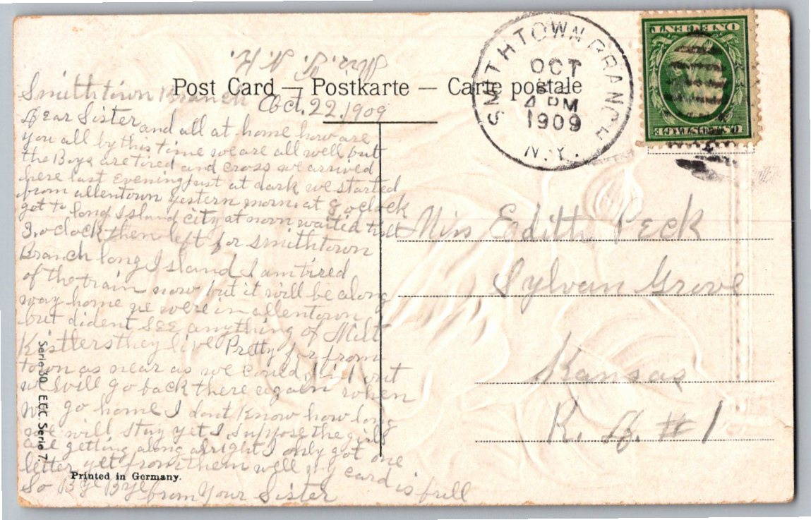Antique 1909 Embossed Birthday Rose Sailboat Postcard Smithtown - Back / Reverse View