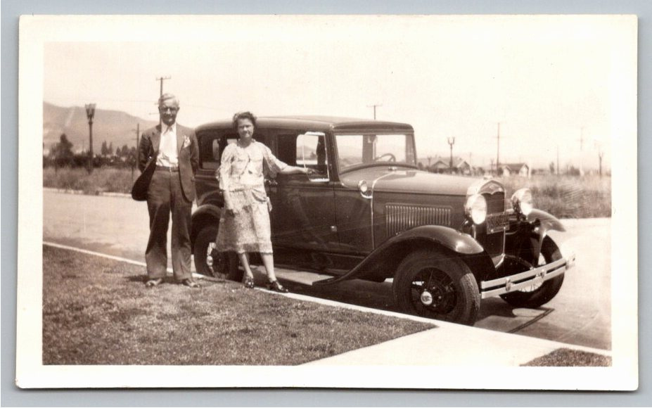 1931 Ford Model A Sedan & Couple Vintage 1930s Black & White