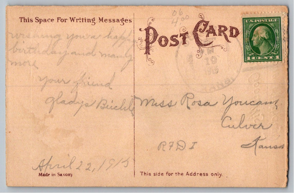 1915 Antique Birthday Postcard: Embossed Girl with Violets & - Back / Reverse View