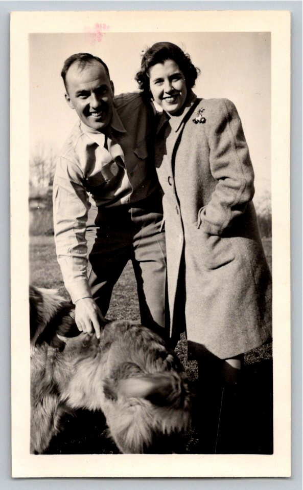 Vintage 1940s WWII Era Couple with Shaggy Dog B&W Snapshot Photo